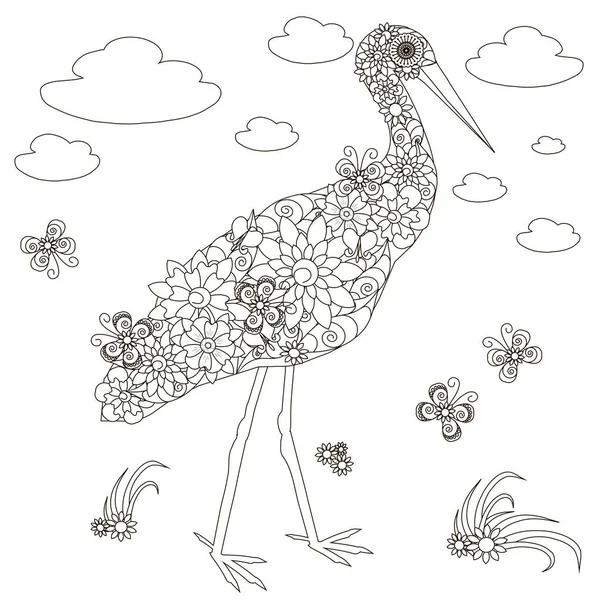Fleurs cigogne, coloriage anti-stress stock vectoriel illustration — Image vectorielle