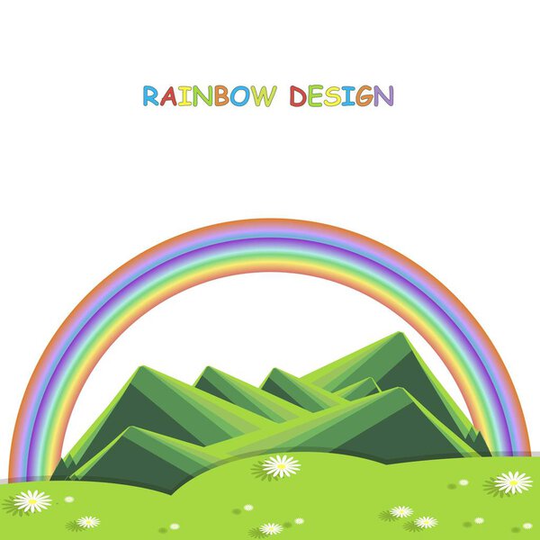 Фон с горным ландшафтом внизу на белом. Зеленые холмы, долина с белыми маргаритками, радуга. Современный плоский дизайн, элемент дизайна, вектор
