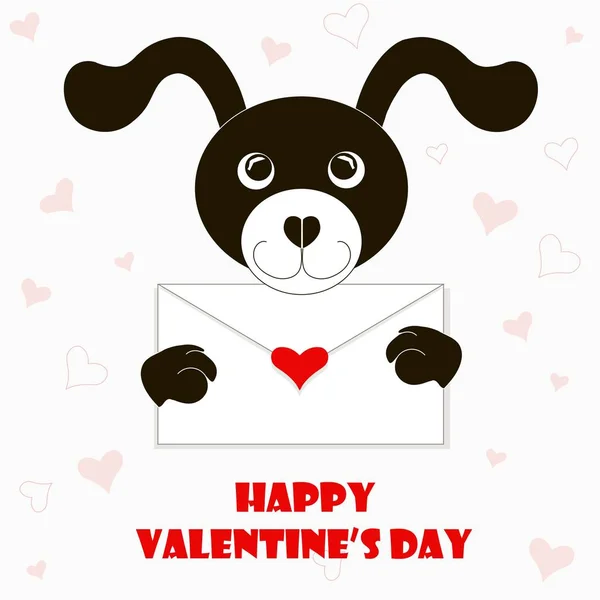 Stendardo tipografico Buon San Valentino, bianco e nero cartoni animati cane con busta, cuori rossi, stock vector illustration — Vettoriale Stock