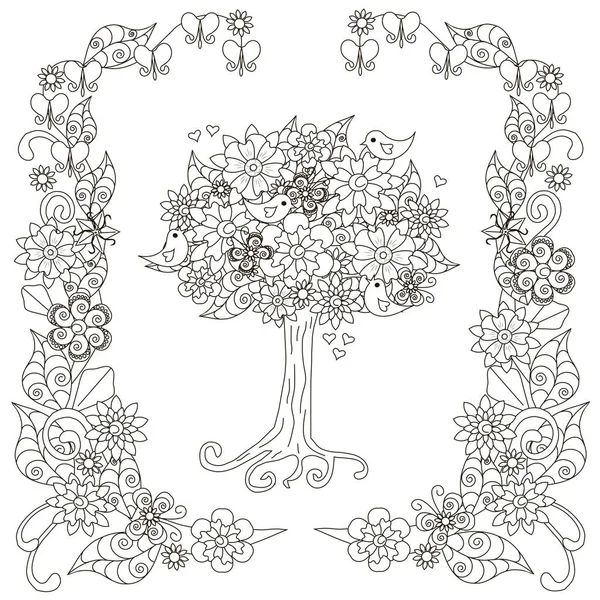 Árbol anti estrés florecimiento, pájaros con corazones, marco de flores ilustración vector dibujado a mano — Archivo Imágenes Vectoriales