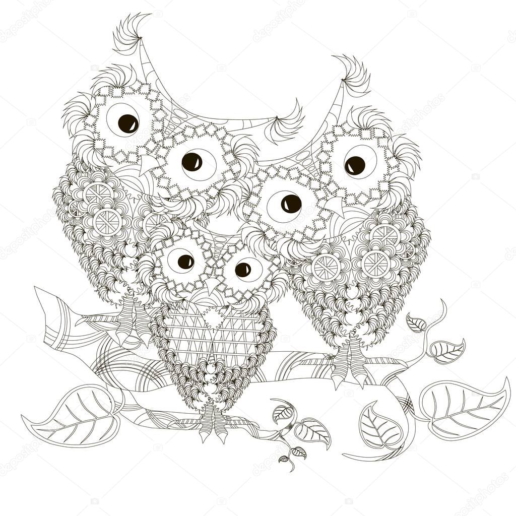 Zentangle stylized black and white three owls sitting on the tree branches, hand drawn, vector illustration