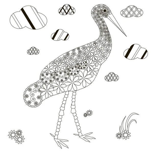 Cigogne dessinée à la main, illustration vectorielle anti stress noir et blanc — Image vectorielle