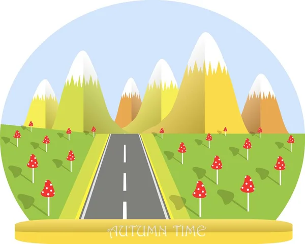 Paisagem de outono, montanha amarela com topo branco, vales verdes, vermelho cogumelos estrada cinza, design plano estoque vetor ilustração —  Vetores de Stock