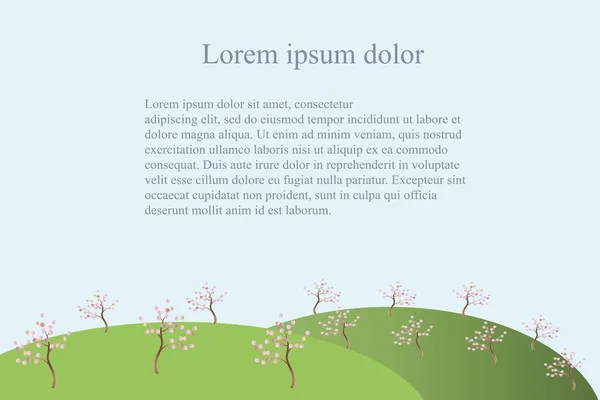 Fondo de primavera con colinas verdes, árbol floreciente rosa en azul claro, lorem ipsum, ilustración de vector de stock — Vector de stock