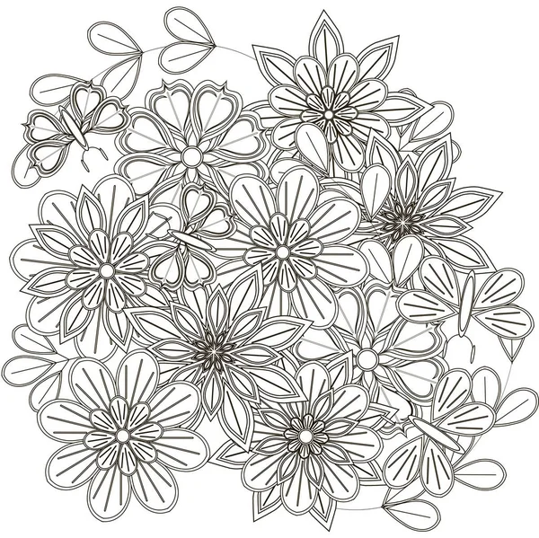 黑色和白色的花束、 程式化的花朵和蝴蝶抗应力彩页，股票矢量插画素描 — 图库矢量图片