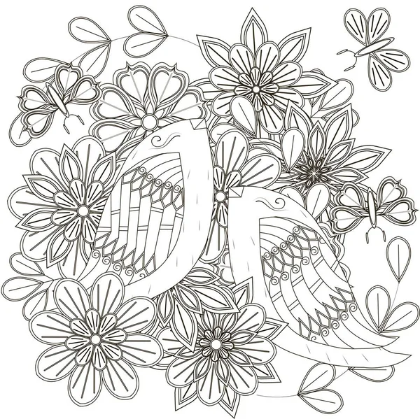 Bosquejo en blanco y negro de ramo con pájaros, flores estilizadas y mariposas para colorear página anti estrés, impresión de tela, ilustración de vector de stock — Archivo Imágenes Vectoriales