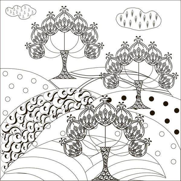 Anti stres vektör çizim hills arka plan üzerinde siyah beyaz ağaçlar el çekilmiş — Stok Vektör