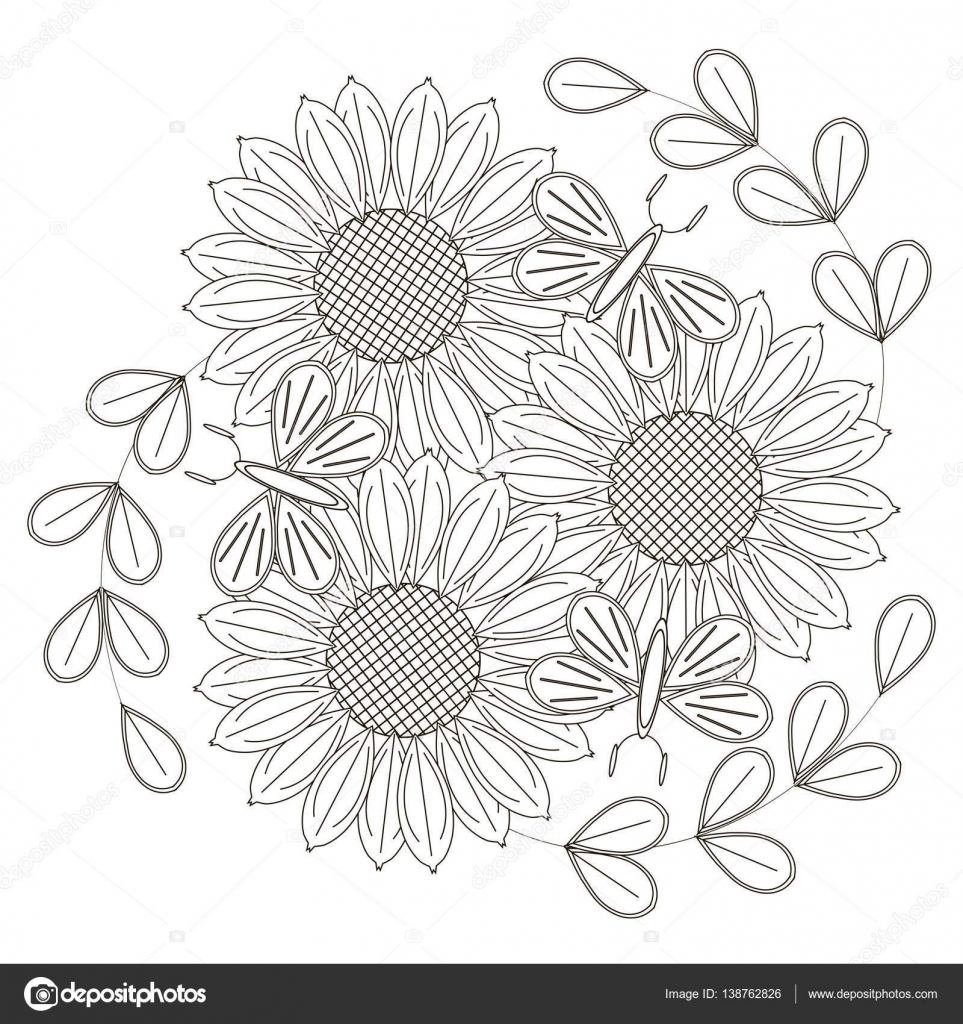 Schizzo in bianco e nero di girasoli fiori stilizzati e farfalle per anti pagina da colorare di stress illustrazione vettoriale d archivio — Vettoriali di