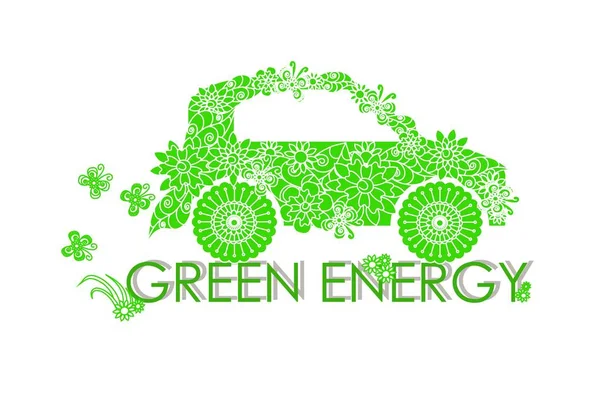 Typografie banner groene energie, groene gestileerde bloemen doodle auto op wit, voorraad vectorillustratie — Stockvector