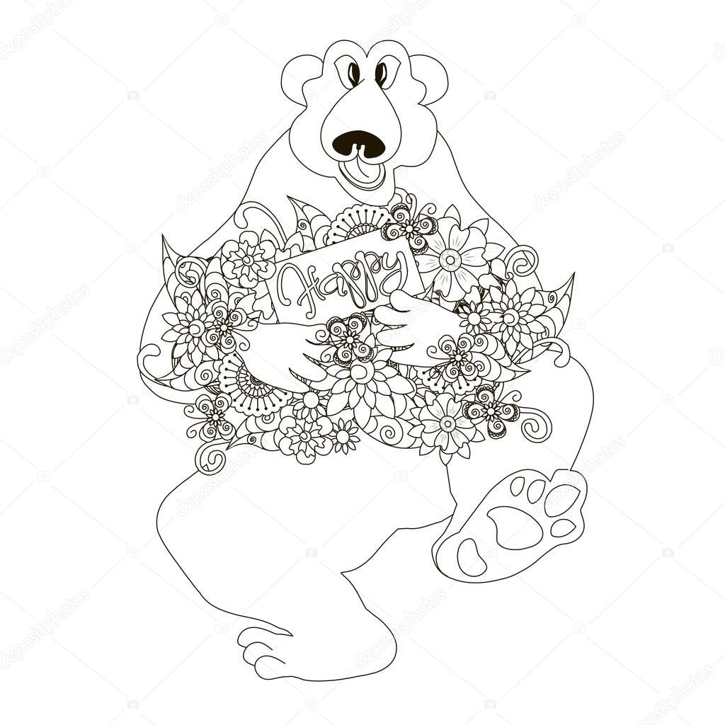 Sketch of polar bear holding flowers, card with lettering Happy, coloring book page hand drawn anti stress stock vector illustration