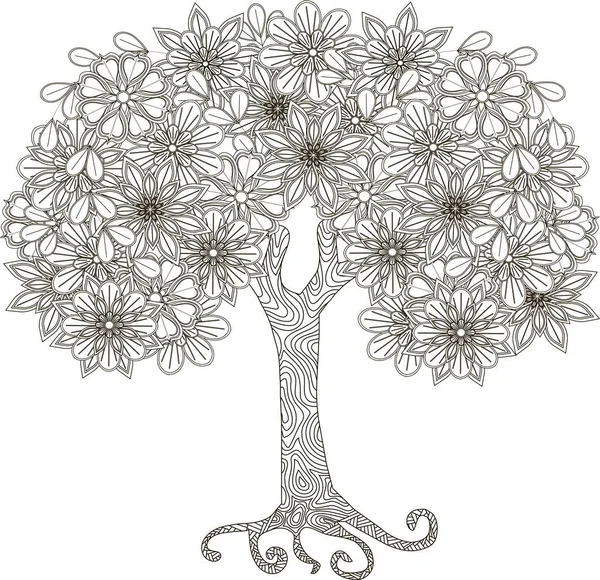 Blühender Baum für Malbuch, Anti-Stress-Vektorillustration — Stockvektor