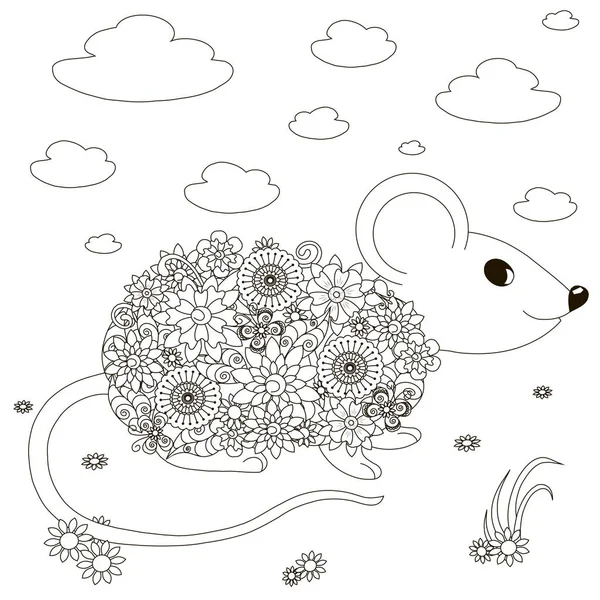 Souris dessinée à la main, fleurs, gribouillis, illustration vectorielle anti stress noir et blanc — Image vectorielle