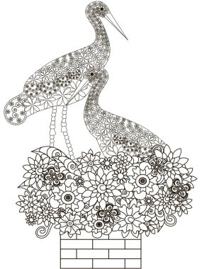 Tuğla baca, hisse senedi vektör çizim çiçek yuvasına leylek birkaç oturan stilize Zentangle tek renkli