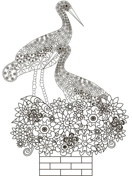 Zentangle style stylized monochrome sitting couple of storks in flower nest on brick chimney, stock vector illustration — стоковый вектор