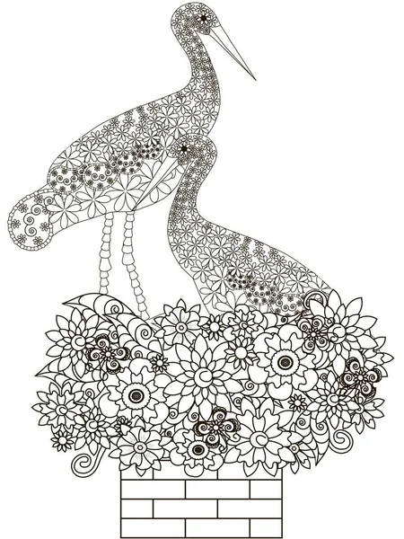 Tuğla baca, hisse senedi vektör çizim çiçek yuvasına leylek birkaç oturan stilize Zentangle tek renkli