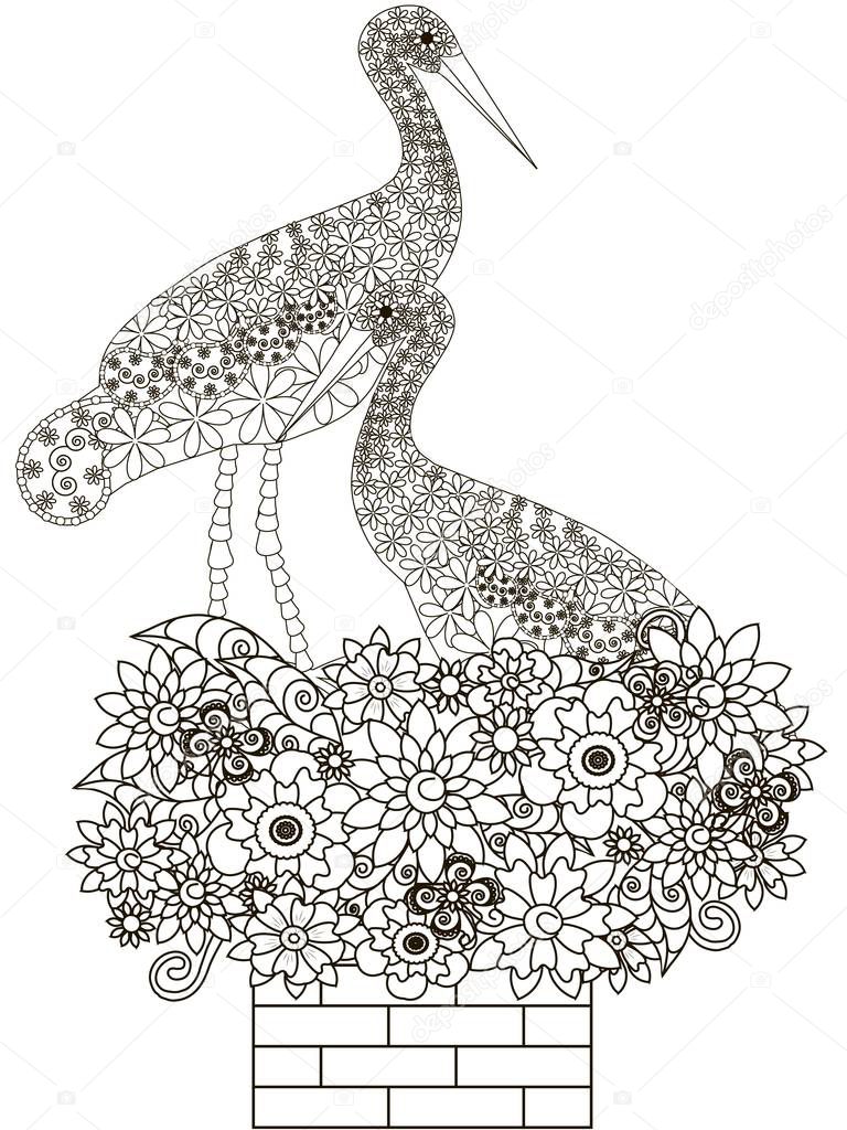 Zentangle stylized monochrome  sitting couple of storks in flower nest on brick chimney, stock vector illustration