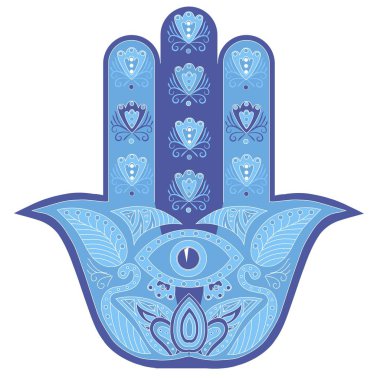 Elle çizilmiş mavi Hamsa, boyama kitabı sayfası, grafik için zentangle tarzı resimde. Bir dövme, poster ya da baskı kroki, koleksiyon boho hisse senedi vektör çizim için süs kroki