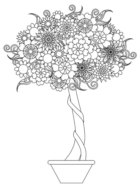 Цветущее дерево в горшке, векторная иллюстрация антистрессовой раскраски — стоковый вектор
