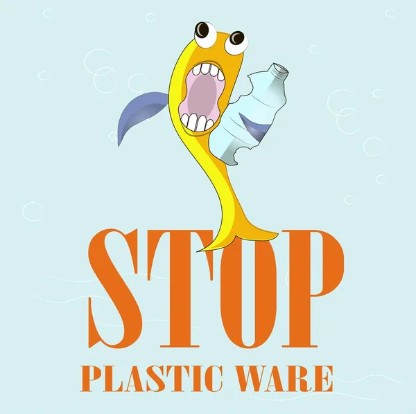 タイポグラフィ バナー停止プラスチックウェア、黄色怖い魚食べる青、株価ベクトル イラスト ペットボトル — ストックベクタ
