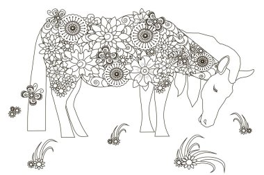 El çekilmiş çiçek at, doodle, siyah ve beyaz anti stres vektör çizim