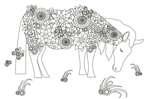 Cavallo disegnato a mano fiori, scarabocchio, bianco e nero anti stress vettoriale illustrazione — Vettoriale Stock