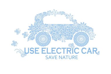 Tipografi afiş kullanım elektrikli otomobil, doğa kaydetmek, mavi stilize çiçekler araba beyaz, hisse senedi vektör çizim üzerinde doodle