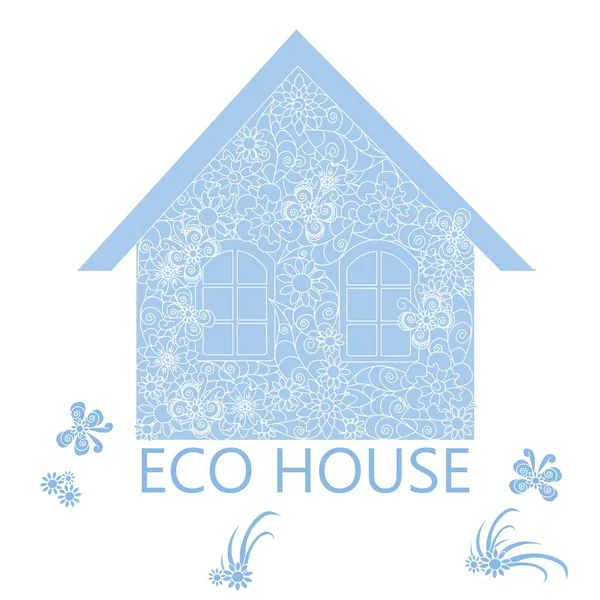 Typografie banner Eco, blauwe gestileerde bloemen doodle huis op wit, voorraad vectorillustratie — Stockvector