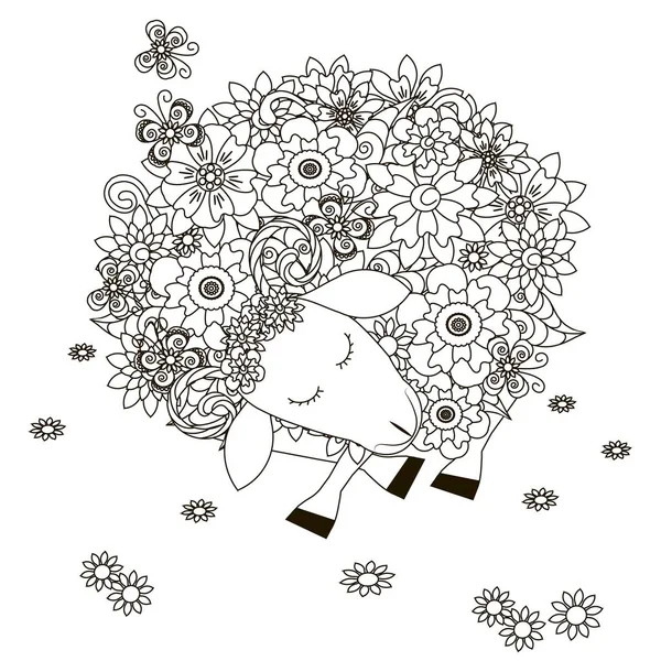 Fleurs moutons, coloriage anti-stress illustration vectorielle — Image vectorielle