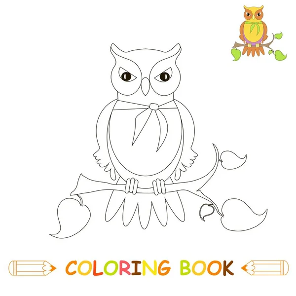 Детская раскраска страницы векторной иллюстрации, милая сова в монохромной и цветной версии для детей раскраски книги — стоковый вектор