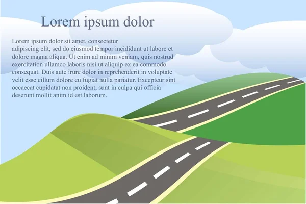 Fondo de paisaje con verde cura camino gris y nubes azules, Lorem ipsum vector ilustración — Vector de stock