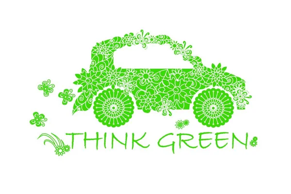 Typografie banner denk groen, groene gestileerde bloemen doodle auto op wit, voorraad vectorillustratie — Stockvector