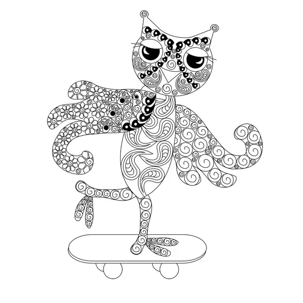 Coruja monocromática estilizada no skate, doodle style anti stress stock vector illustration — Vetor de Stock