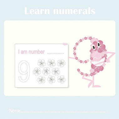 Counting educational, kids activity sheet. Learning numbers 9 stock vector illustration clipart