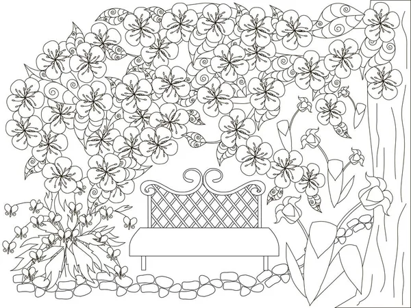 Blooming primavera jardim monocromático doodle para anti estresse página estoque vetor ilustração —  Vetores de Stock
