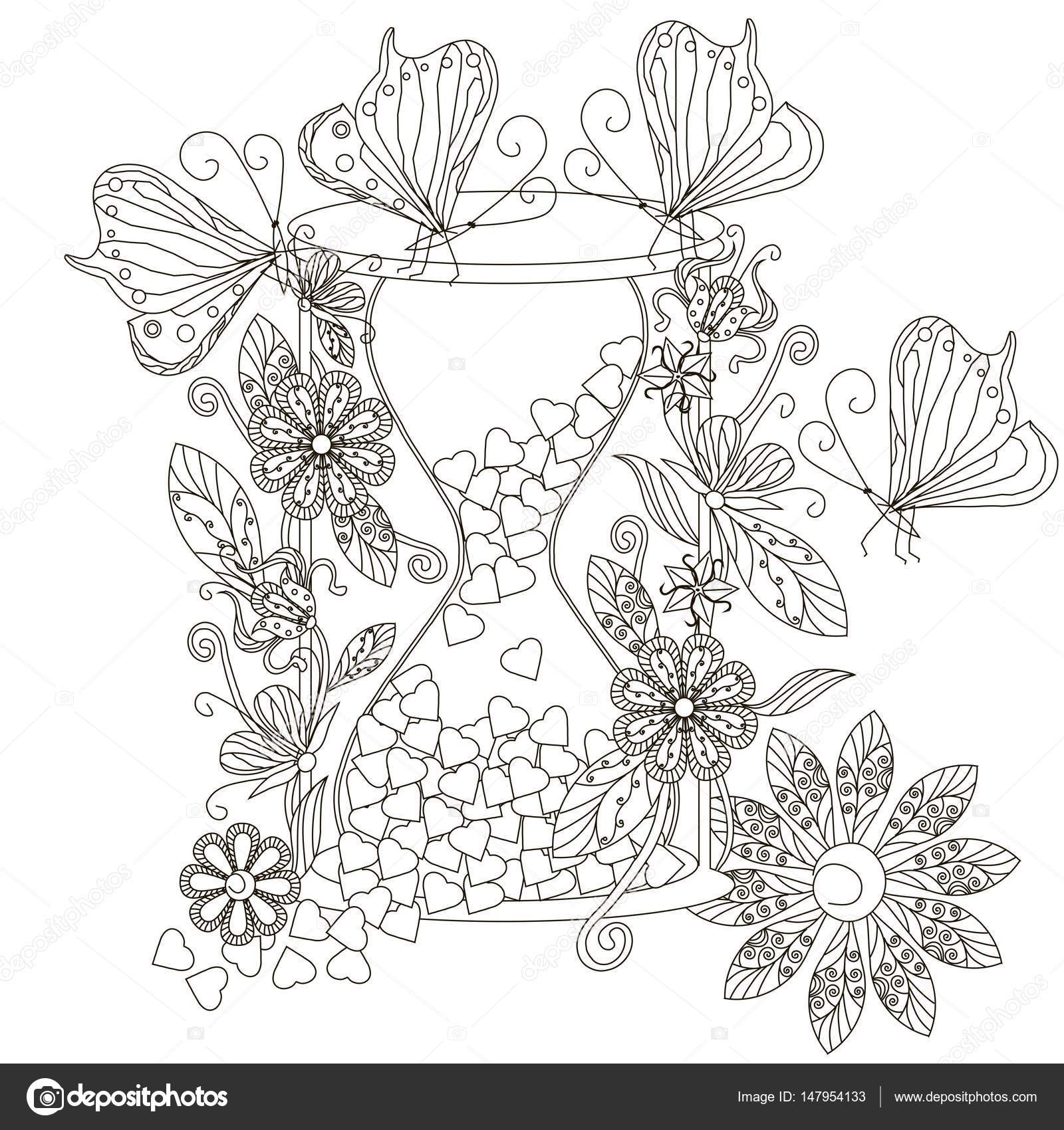 Monochroom Doodle Hand Getekende Zandloper Met Harts Bloemen En