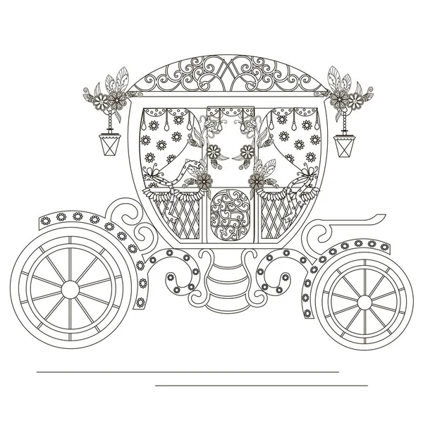 Monochrom gekritzelter handgezeichneter Wagen mit Blumen. Anti-Stress Aktienvektor Illustration — Stockvektor