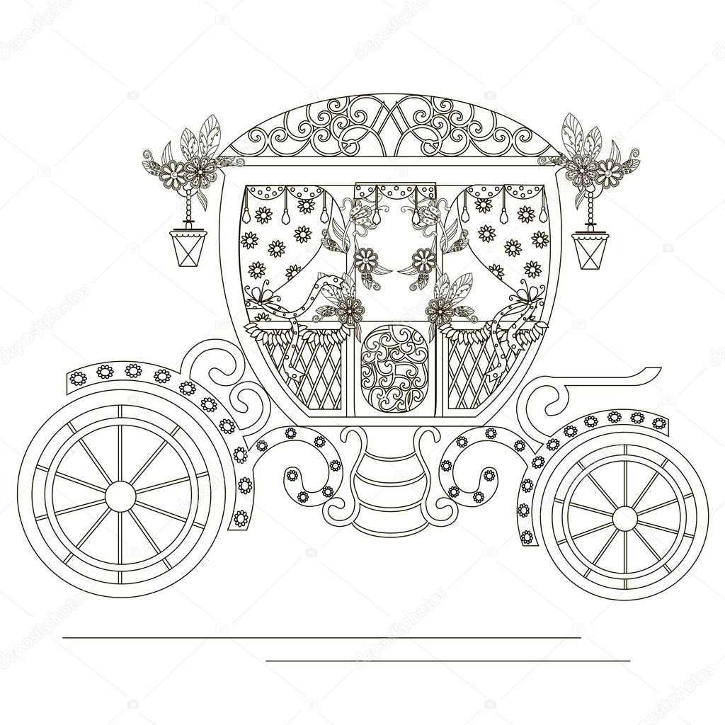     Monochrome doodle hand drawn carriage with flowers. Anti stress stock vector illustration