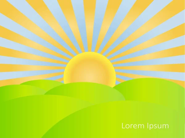 Fundo com nascer do sol, céu azul, colinas verdes, Lorem ipsum ilustração vetor estoque — Vetor de Stock