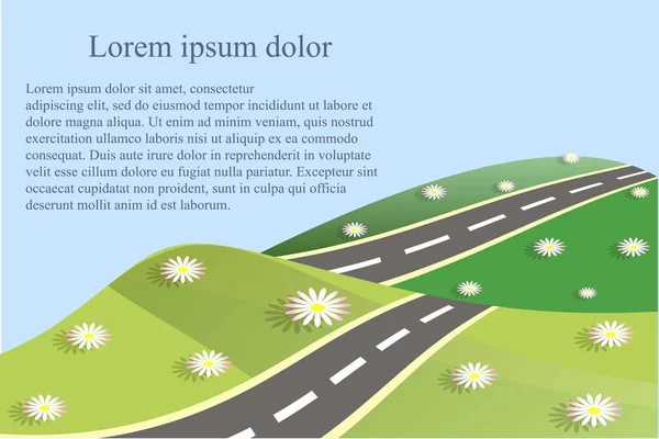 Fondo con carretera gris, colinas verdes, cielo azul, margarita blanca, Lorem ipsum, diseño plano stock vector ilustración — Vector de stock