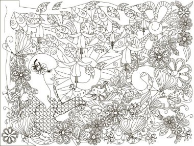 Tek renkli sevgi dolu kuş, çiçek arka plan, Lorem Ipsum el çekilmiş kız doodle. Anti stres hisse senedi vektör çizim
