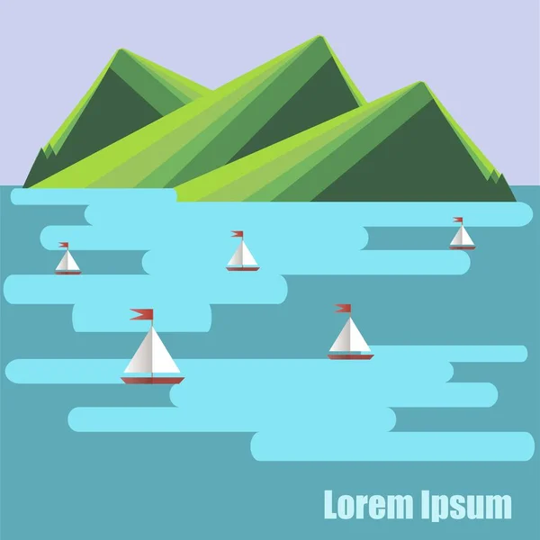 Fond plat design avec montagne verte, mer bleue, navires, Lorem ipsum illustration vectorielle de stock — Image vectorielle