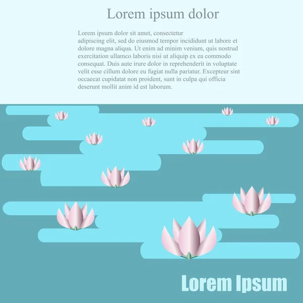 Fondo de diseño plano con agua azul y lotos rosados, Lorem ipsum stock vector ilustración — Vector de stock
