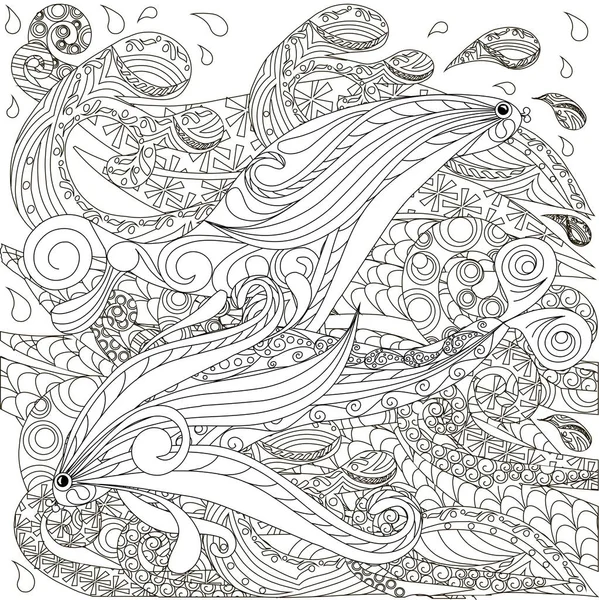 Anti stres sayfa stok vektör çizim boyama dalgalar üzerinde elle çizilmiş doodle balıklar — Stok Vektör