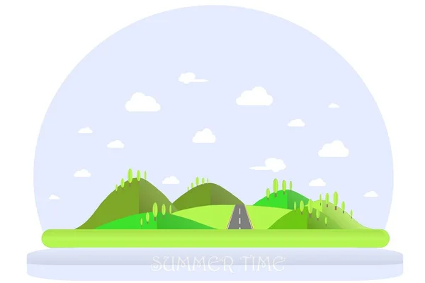 Летний пейзаж. Зеленые холмы, голубое небо, белые облака, зеленые деревья, серое шоссе. Плоский дизайн, векторная иллюстрация запасов — стоковый вектор
