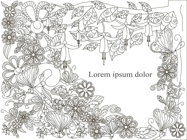 Monocromo garabato dibujado a mano fondo con Lorem ipsum, flores de fondo. Anti estrés stock vector ilustración — Vector de stock