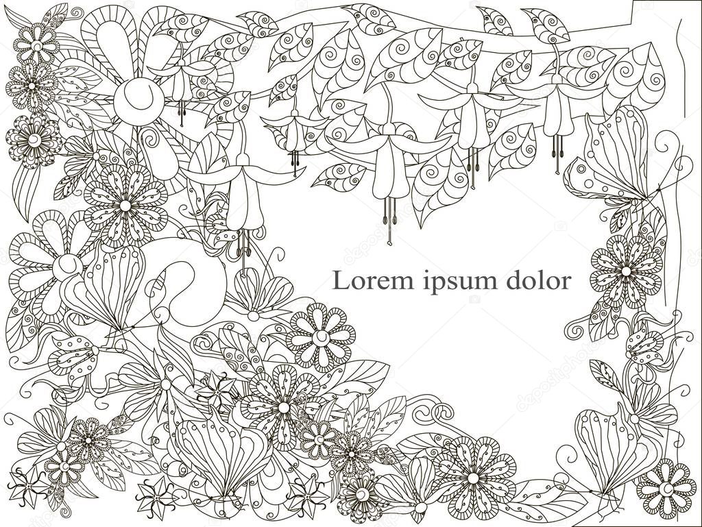 Monochrome doodle hand drawn background with Lorem ipsum, flowers background. Anti stress stock vector illustration