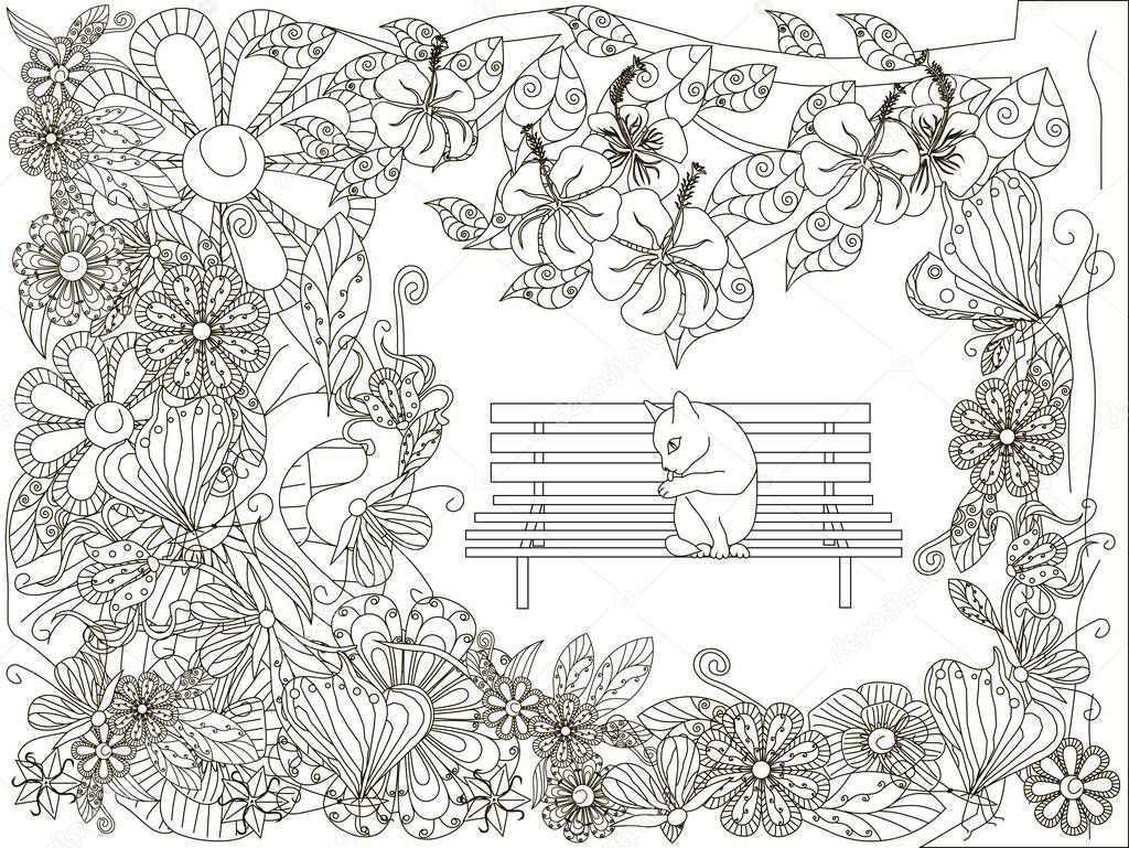 Monochrome doodle hand drawn flowers background, cat washes on the bench. Anti stress stock vector illustration