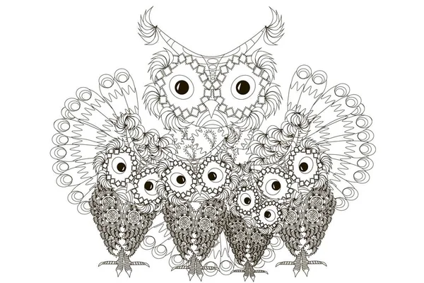 Zentangle estilizado blanco y negro cuatro búhos, ilustración de vectores de stock de la familia dibujada a mano — Vector de stock