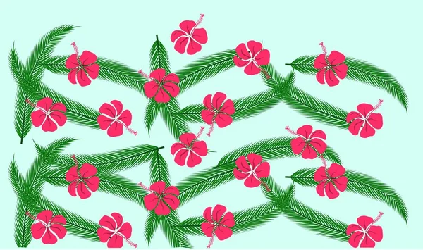 Bloemmotief met groene palmbladeren en rode hibiscus bloemen op blauwe achtergrond voorraad vectorillustratie — Stockvector