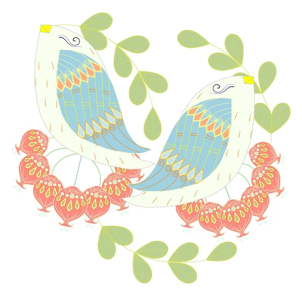 Par de coloridos pájaros amorosos en blanco para imprimir, para decorado, para la ilustración del vector de stock de boda — Archivo Imágenes Vectoriales